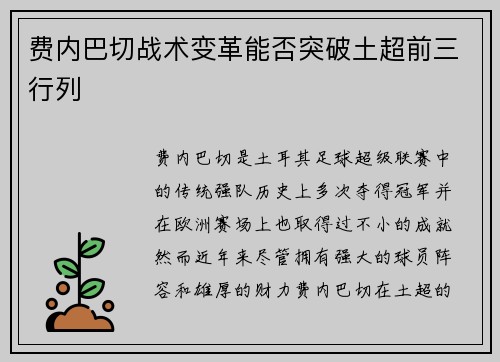费内巴切战术变革能否突破土超前三行列 费内巴切战术变革能否突破土超前三行列